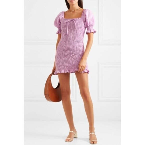 Faithfull The‎ Brand Women Dress Annibelis Smocked 100% Linen Mini Purple Summer - Picture 1 of 12